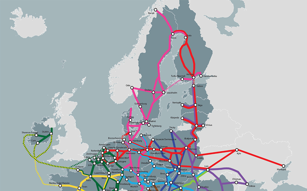 Kart over Nord-Europa som viser det europeiske transportnettverket.